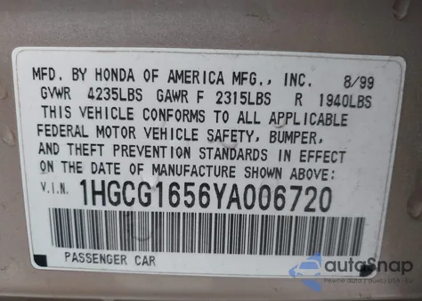 2000 Honda Accord 3.0 Ex z USA, uszkodzony, nr VIN 1HGCG1656YA006720